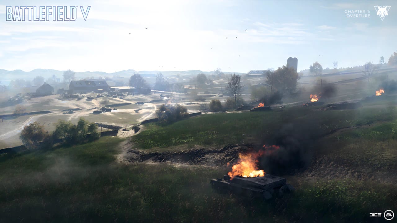 Battlefield 5 gameplay screenshot featuring a destroyed WWII tank in a high-fidelity field environment with smoke effects.