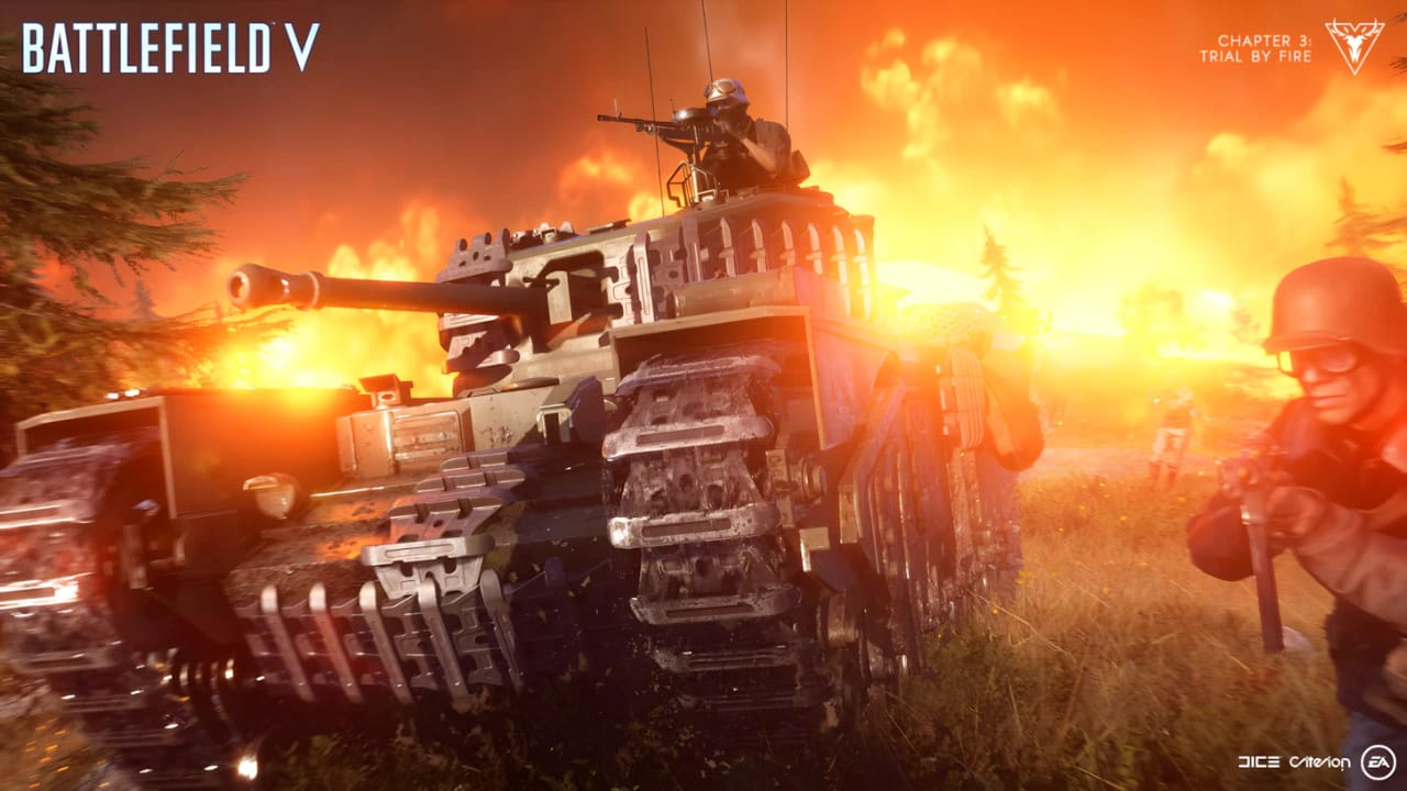 Battlefield 5 Trial by Fire gameplay featuring a Panzer IV tank in high-resolution desert combat environment.
