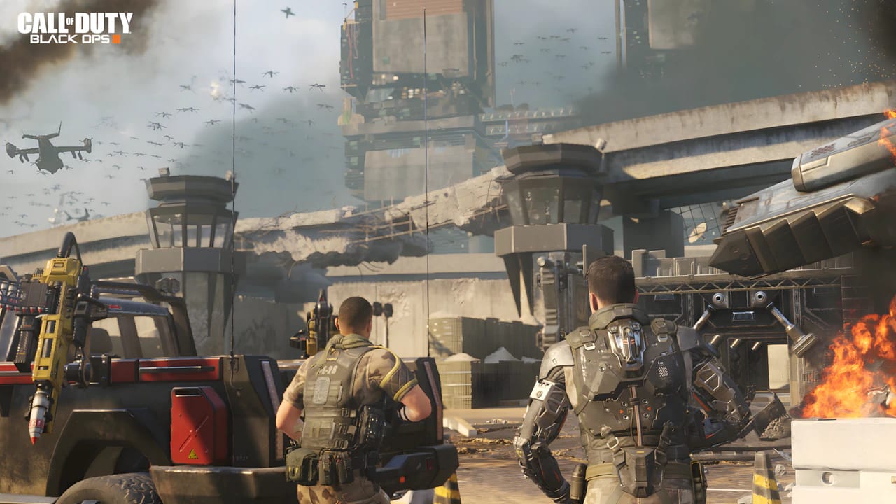 Call of Duty Black Ops 3 cybernetic soldier in futuristic combat with advanced weaponry and high-tech armor gear.