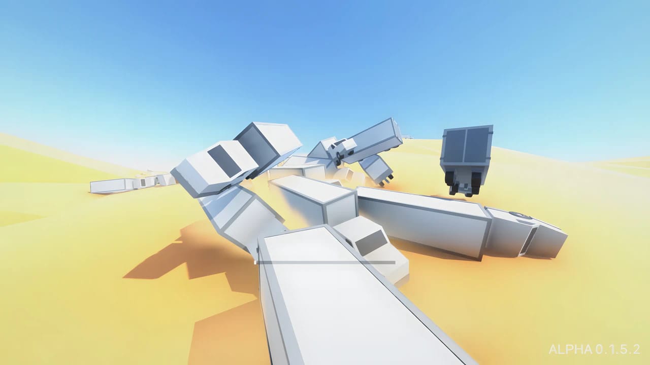Clustertruck gameplay featuring low-poly physics-based truck accidents in a desert environment for high-speed platforming.