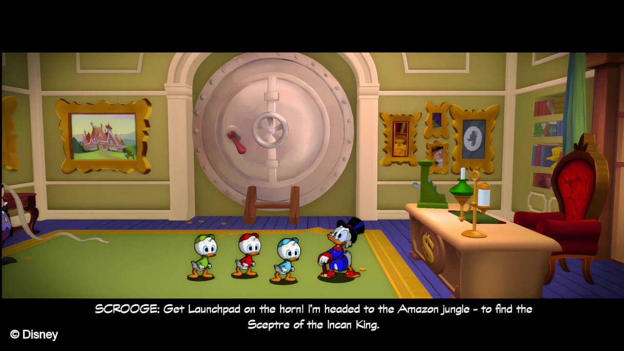 DuckTales: Remastered screenshot featuring Scrooge McDuck and nephews in the Money Bin with 2D/3D hybrid visuals.