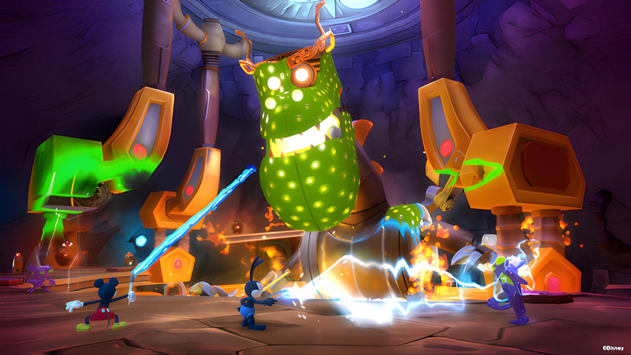 Epic Mickey 2: The Power of Two boss fight gameplay with Mickey Mouse and Oswald in high-definition 3D rendering.