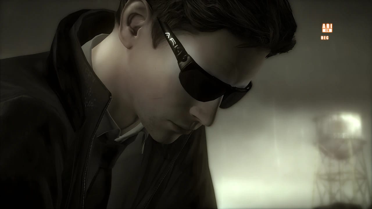 Norman Jayden wearing ARI glasses in Heavy Rain, showcasing augmented reality tech and high-fidelity character rendering.