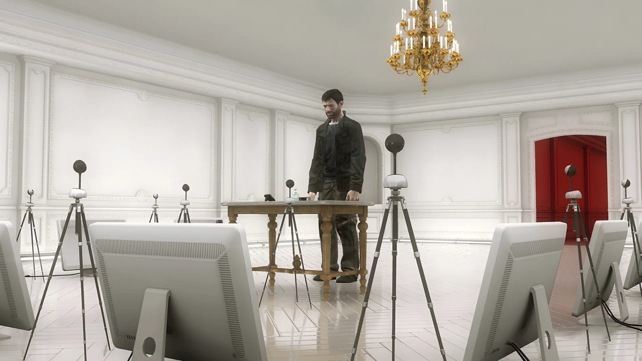 Heavy Rain Origami Killer room investigation scene with multi-monitor setup and cinematic noir lighting.