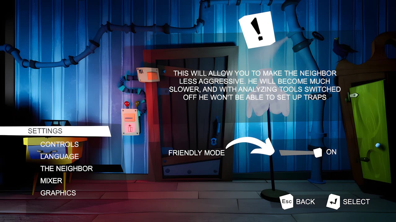 Hello Neighbor Friendly Mode settings menu interface showing AI difficulty toggle in game options for easier gameplay.