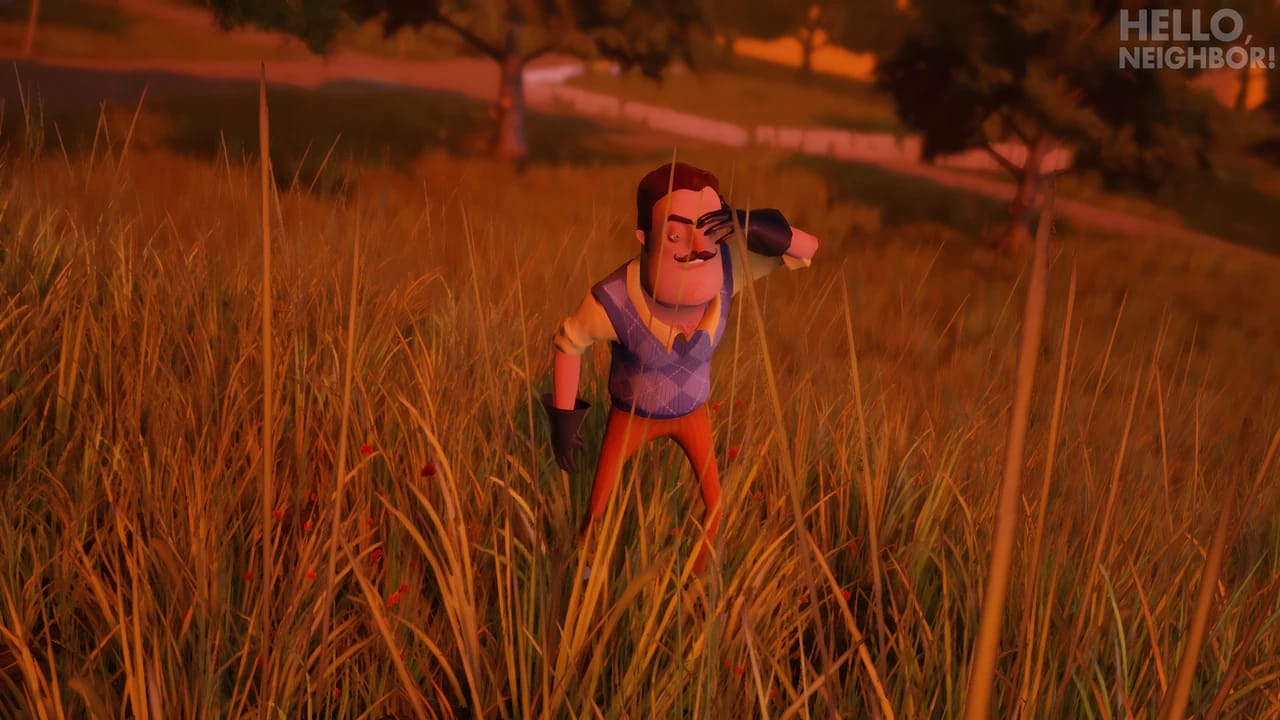 Hello Neighbor stealth gameplay in Unreal Engine 4 showing first-person perspective hiding in tall grass.