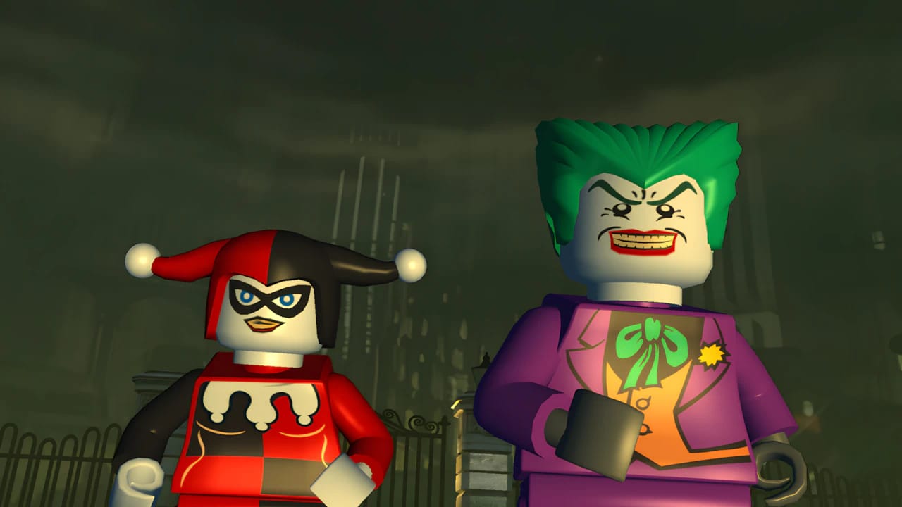 LEGO Batman The Videogame screenshot: Joker and Harley Quinn character models in a high-definition retro gaming render.