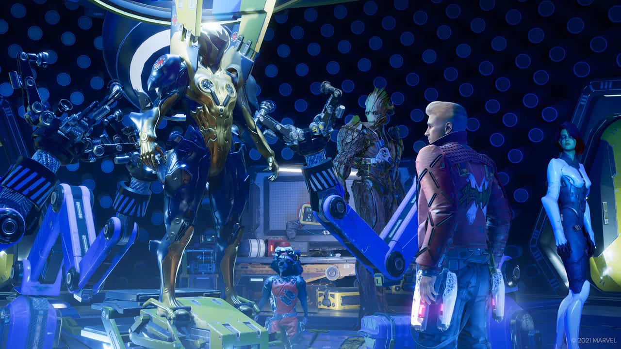 Star-Lord in Nova Corps armor at a workbench in Marvel's Guardians of the Galaxy, showcasing high-end gaming graphics.