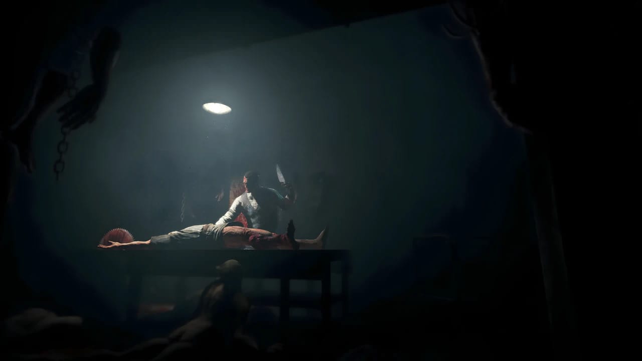 Outlast gameplay screenshot featuring Dr. Rick Trager with bone shears in a dark, high-contrast asylum environment.