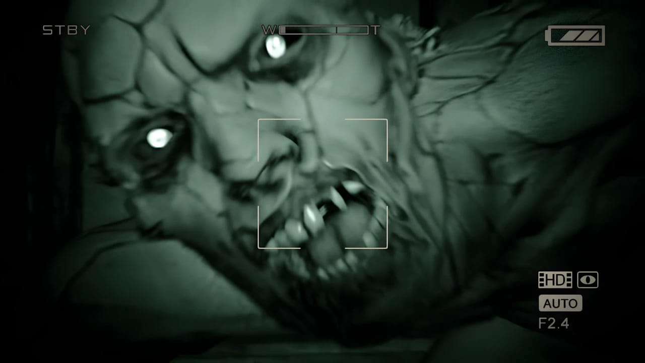 Outlast Walrider close-up in night vision mode showing UI HUD and horror gameplay elements on Games Catalogue.