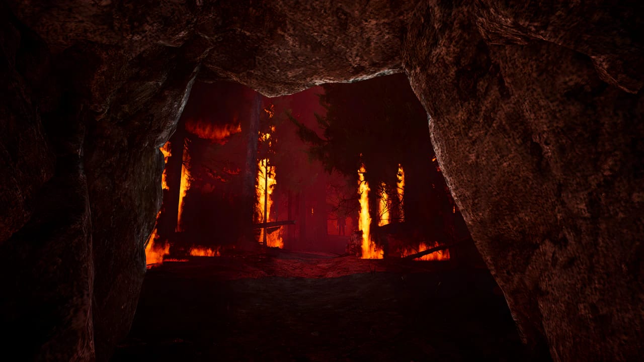 Slender Man in the Burning Forest level of Slender: The Arrival 10th Anniversary Update with advanced lighting effects.