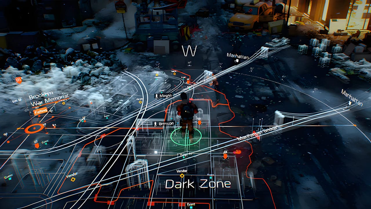 Tom Clancy's The Division Dark Zone 3D holographic map interface with volumetric lighting and particle effects.