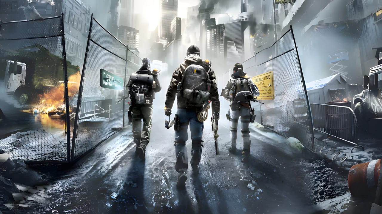 Tom Clancy's The Division game cover art featuring tactical agents in a snowy, post-apocalyptic New York City landscape.