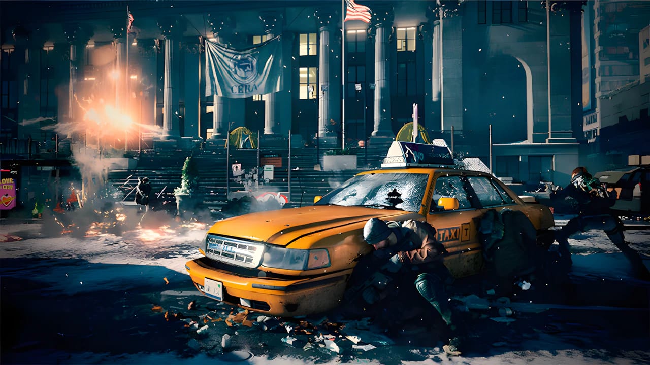 Tom Clancy's The Division gameplay featuring a yellow NYC taxi rendered in the Snowdrop Engine with high-fidelity textures.