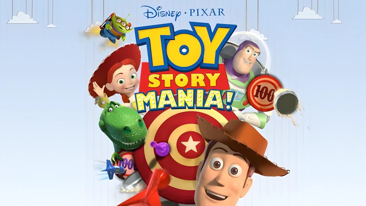 Toy Story Mania! video game logo on a cloud background, optimized for high-performance gaming site Games Catalogue.