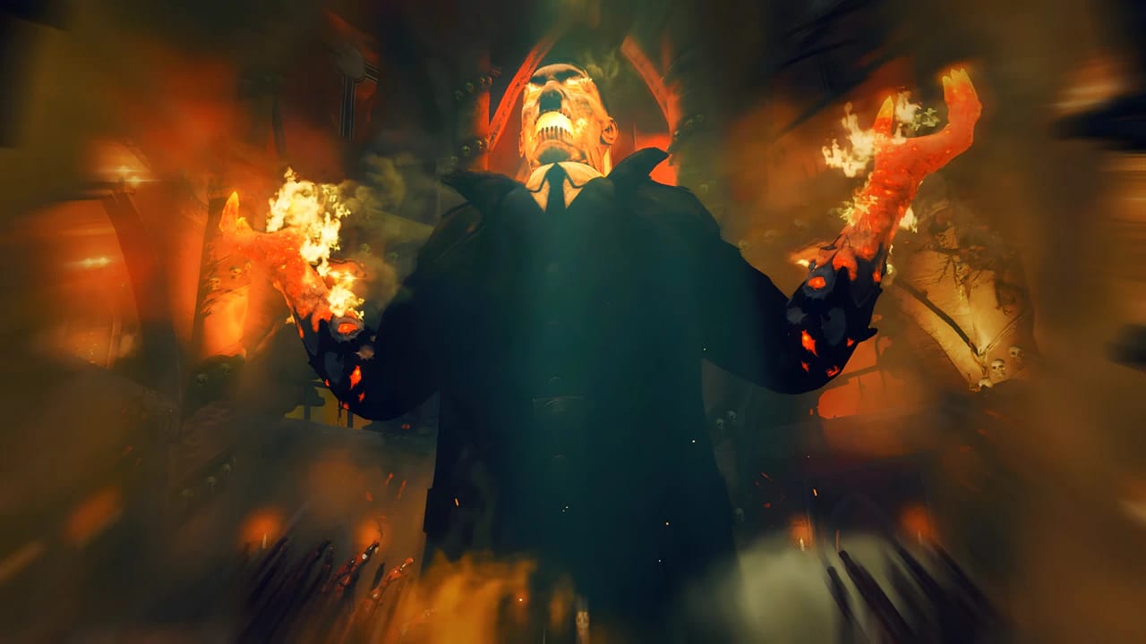 Sniper gameplay in Zombie Army Trilogy boss fight featuring occult demonic Hitler with high-res textures and bloom.