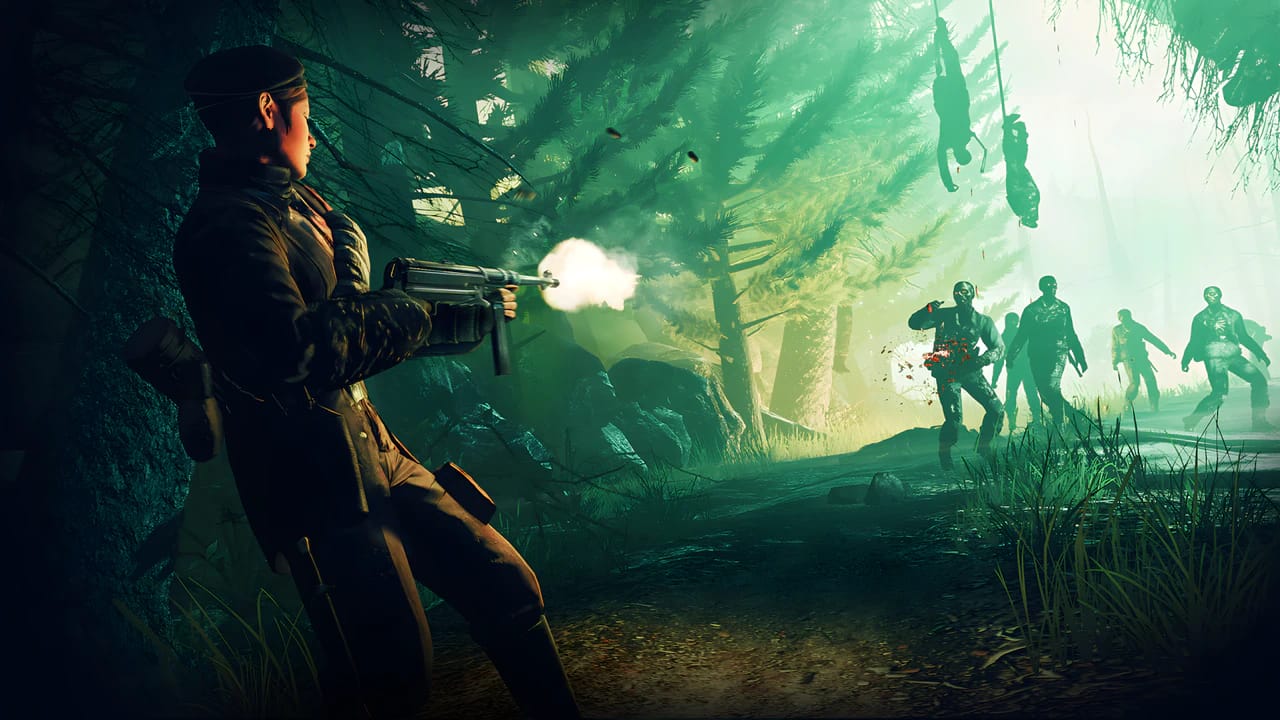 Zombie Army Trilogy survivors with WWII weapons in an atmospheric, foggy warzone setting.