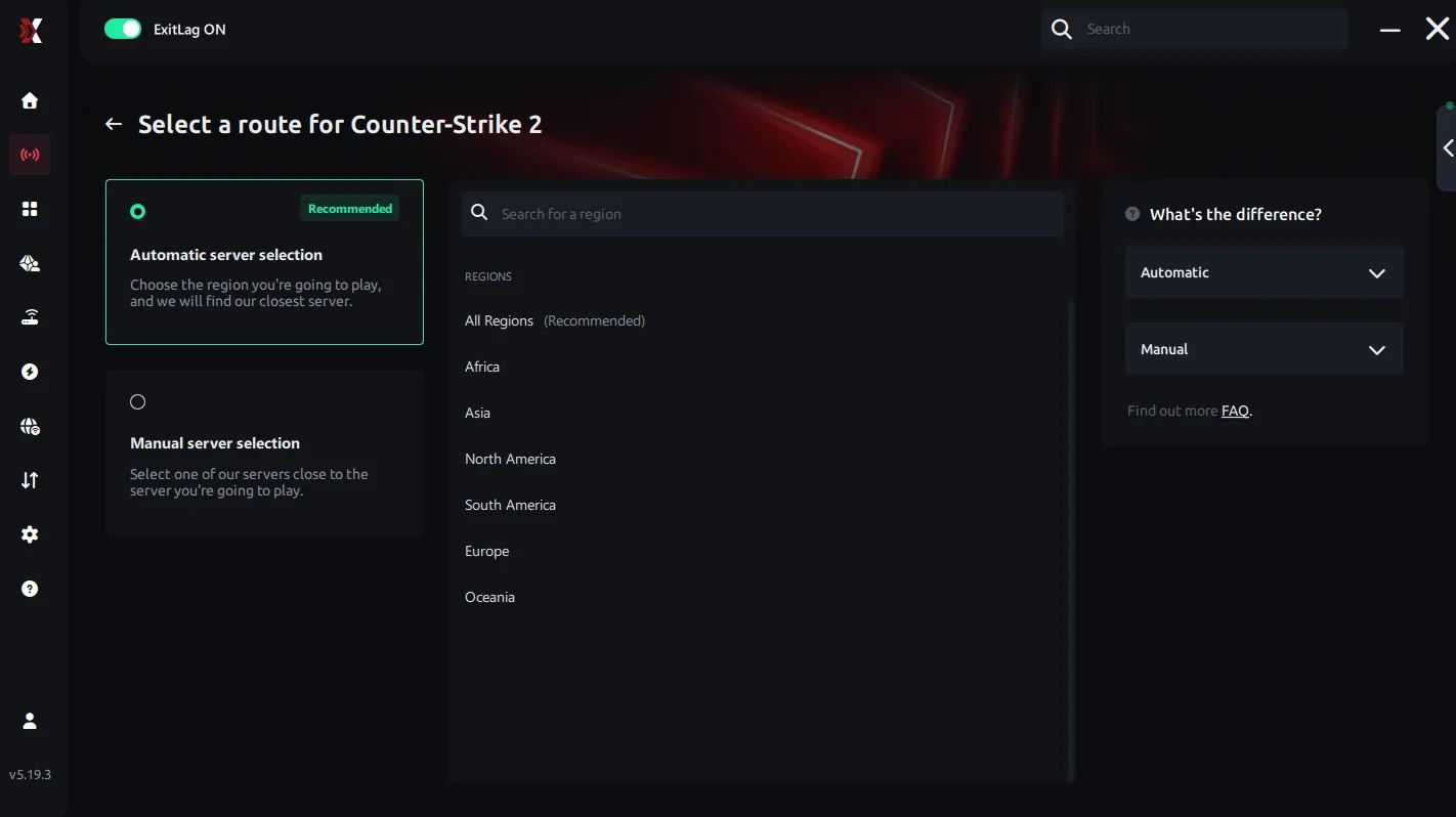 ExitLag software UI showing automatic server selection and real-time ping optimization for low latency gaming.