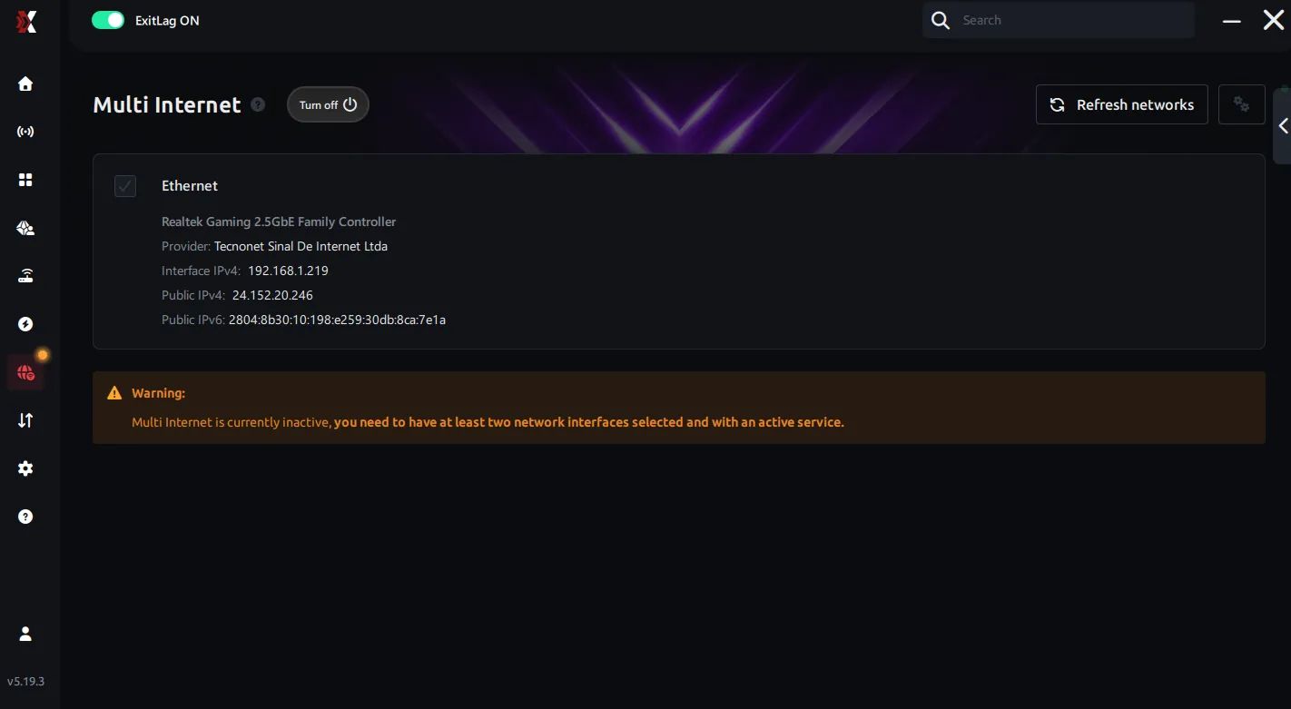 ExitLag Multi-Internet Redundancy dashboard showing dual-WAN network optimization and low latency metrics for gaming.