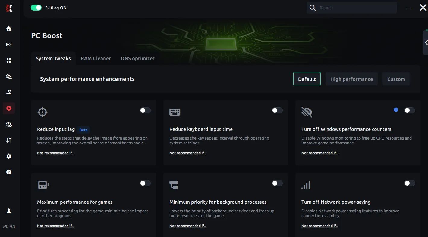 ExitLag software interface showing system tweaks and PC boost tools on a gaming monitor with RGB peripherals.