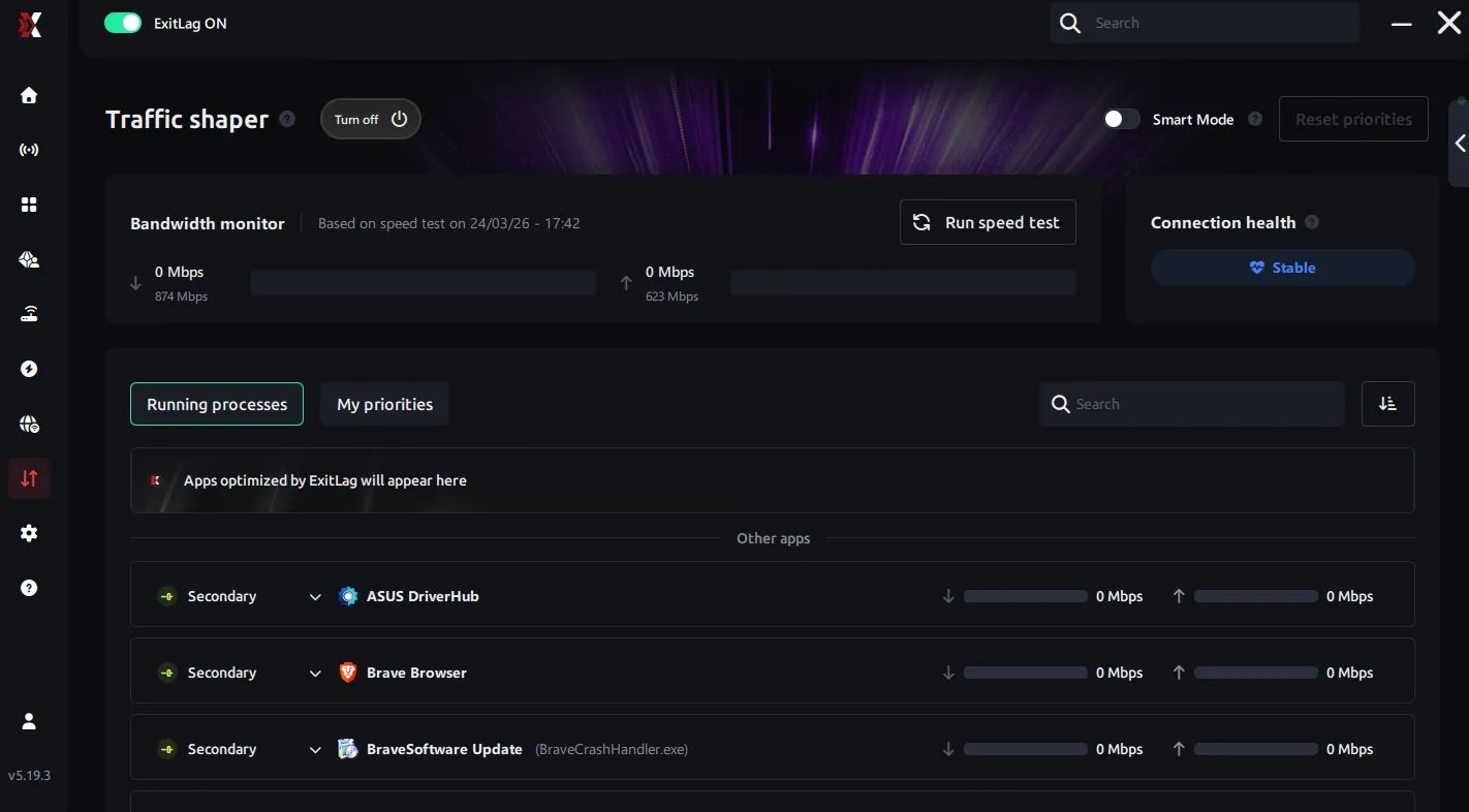 ExitLag Traffic Shaper dashboard showing bandwidth priority settings for optimized gaming network performance and low ping.