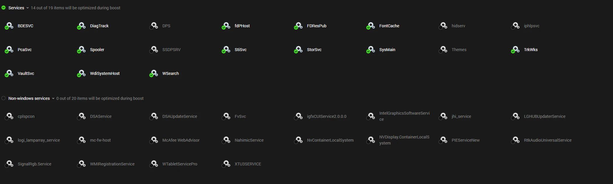 Razer Cortex Game Booster software interface showing system service optimization settings for PC gaming performance.
