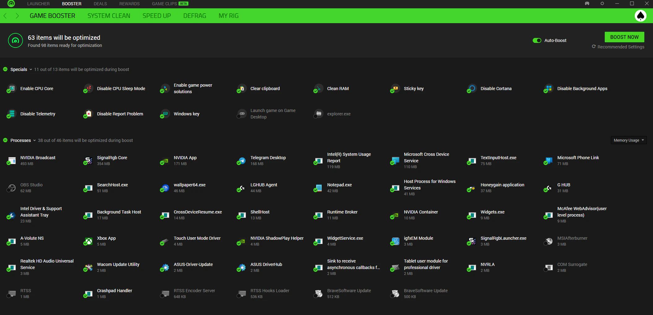Razer Cortex Special Boost dashboard showing PC gaming RAM cleanup and background process optimization tools.