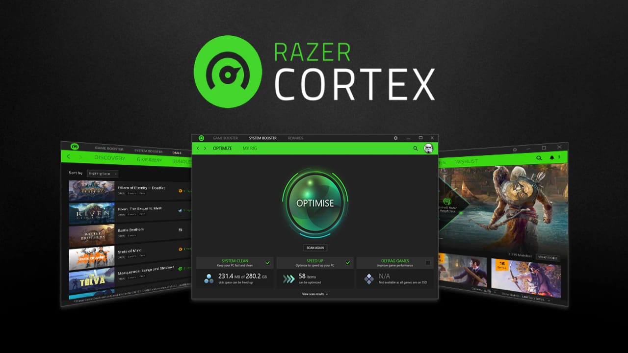 Razer Cortex System Booster interface showing PC optimization tools, junk file cleaning, and hardware performance scan.
