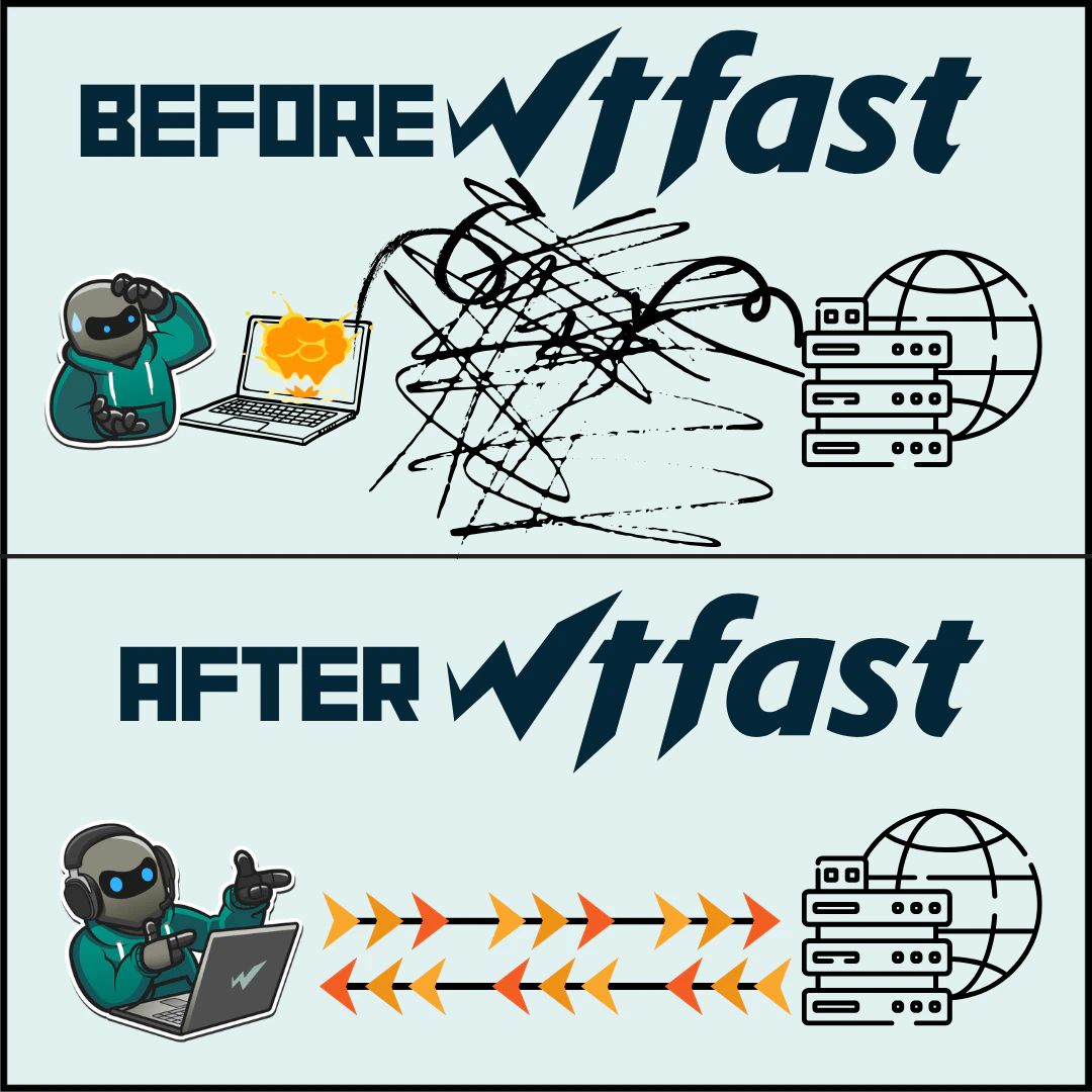 WTFast review showing ping comparison and lag reduction before and after using the gaming GPN software.