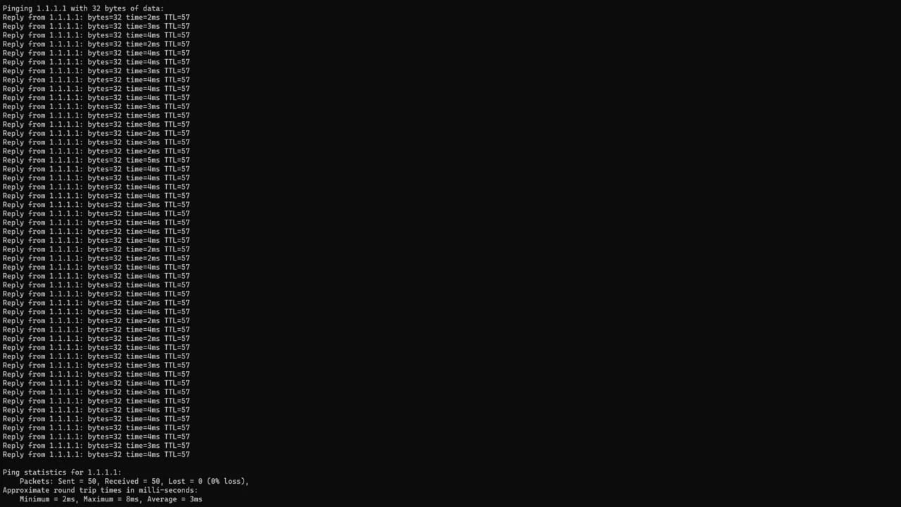 CMD ping test to 1.1.1.1 showing network latency and ISP routing stability for high-performance gaming optimization.