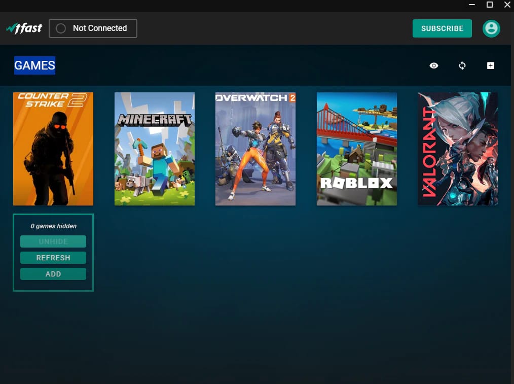WTFast software interface showing a library of supported games like CS:GO, League of Legends, and VALORANT for low ping.