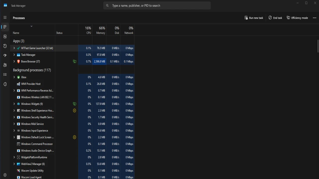 WTFast resource usage in Windows Task Manager showing low CPU and RAM impact for gaming optimization.