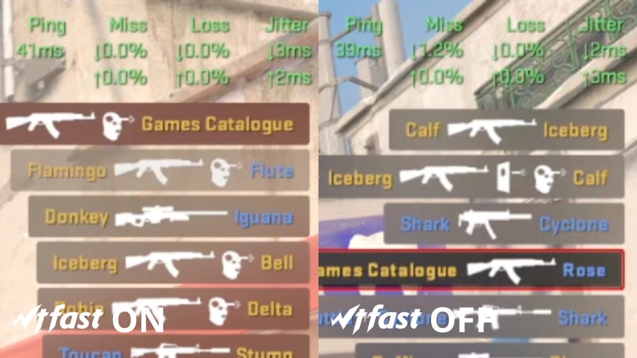 Counter-Strike 2 network stats comparison for wtfast review showing ping and packet loss metrics in CS2 gameplay.