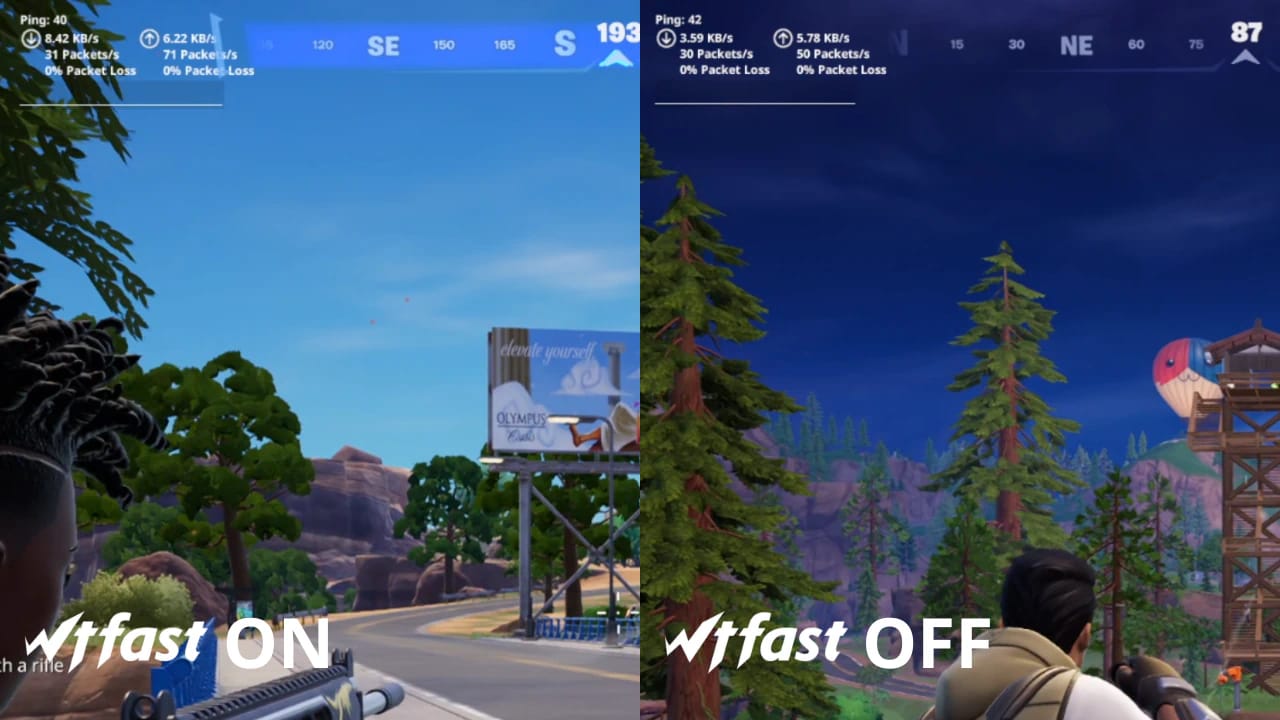 Fortnite ping and packet loss comparison test featuring WTFast gaming VPN performance metrics for reduced latency.