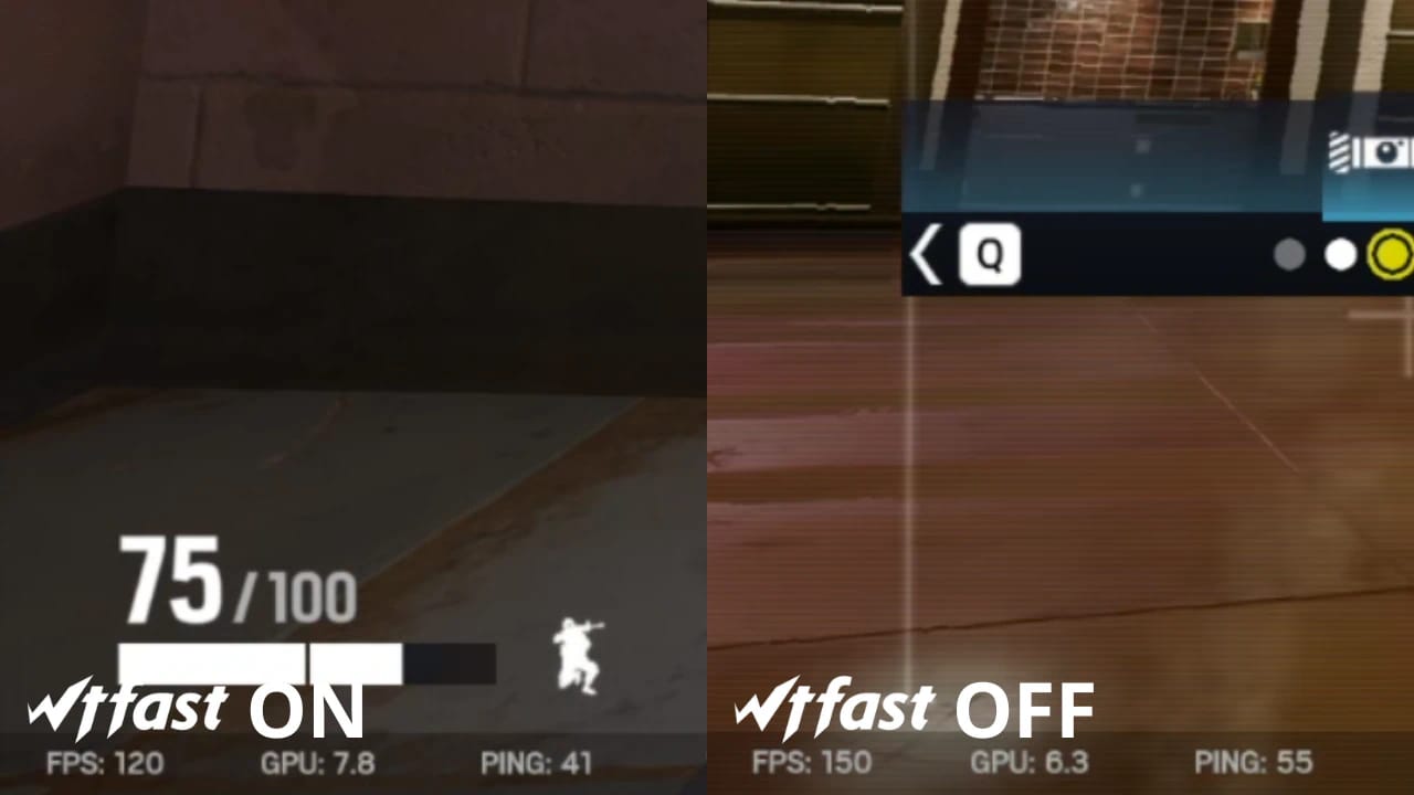 WTFast performance test in Rainbow Six Siege showing ping stats and network latency optimization metrics.