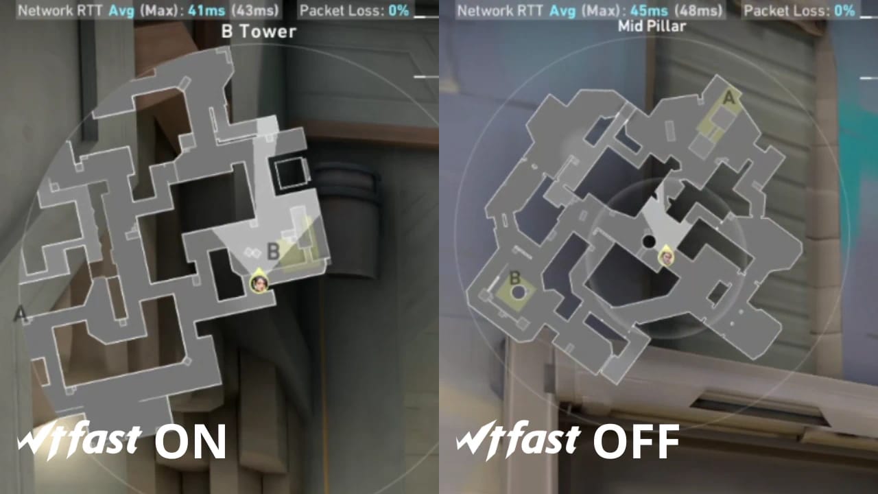 Valorant gameplay showing WTFast network RTT stats, ping reduction graphs, and latency optimization for pro gaming.