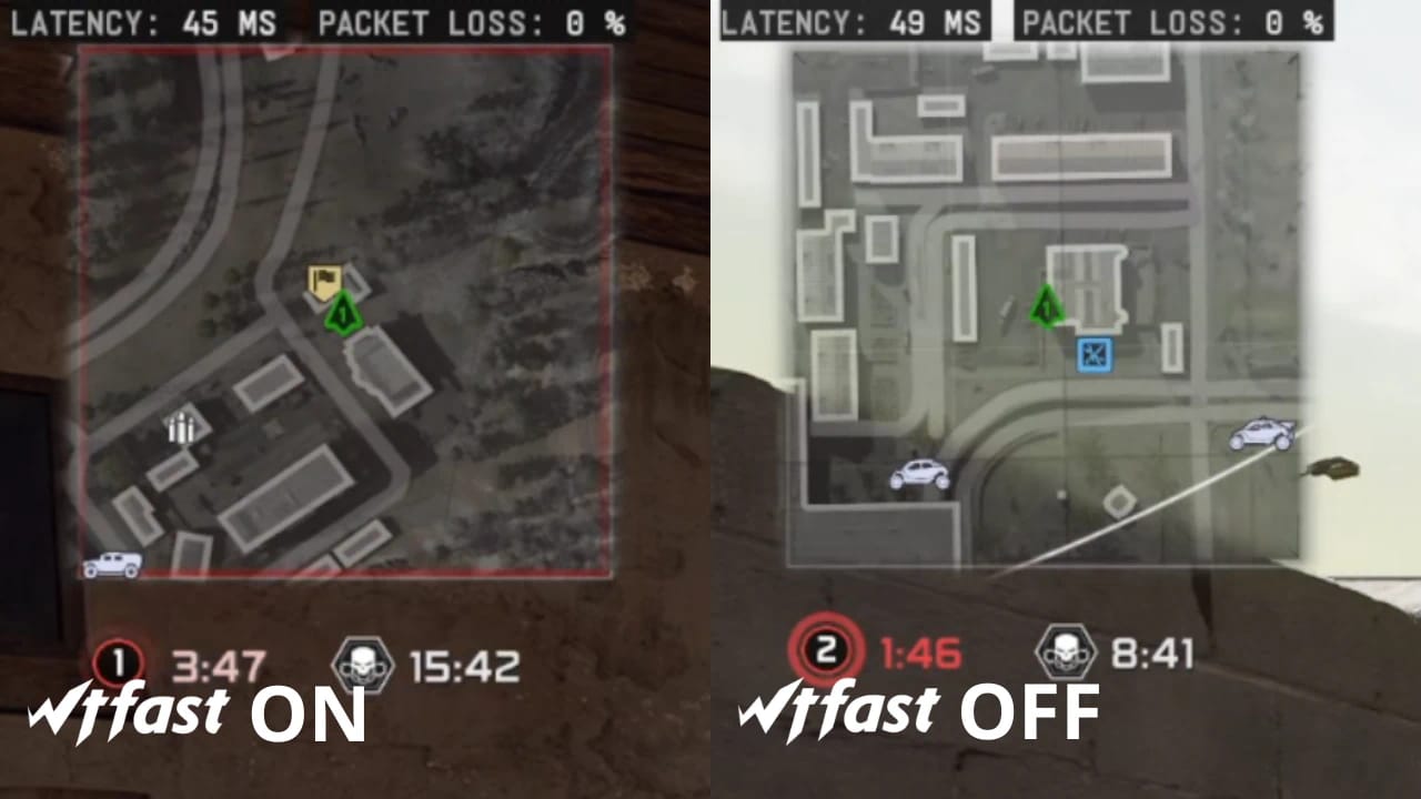 WTFast overlay in Call of Duty Warzone showing real-time latency, packet loss, and ping metrics for network optimization.