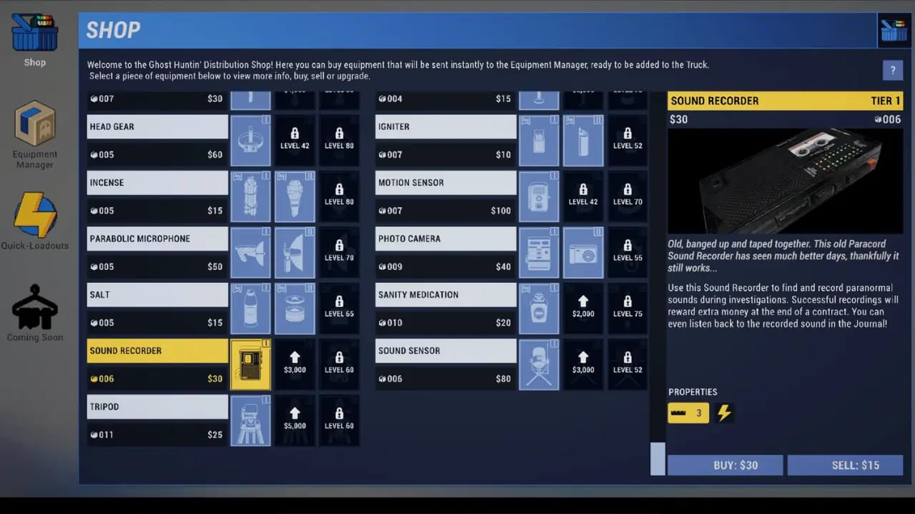 paranormal investigation equipment shop menu