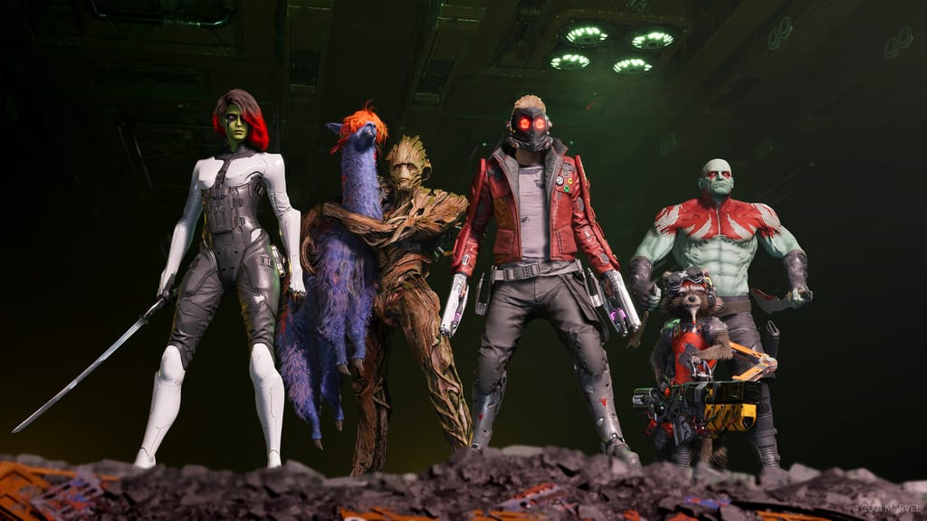 The full lineup of the Guardians of the Galaxy team from the video game.