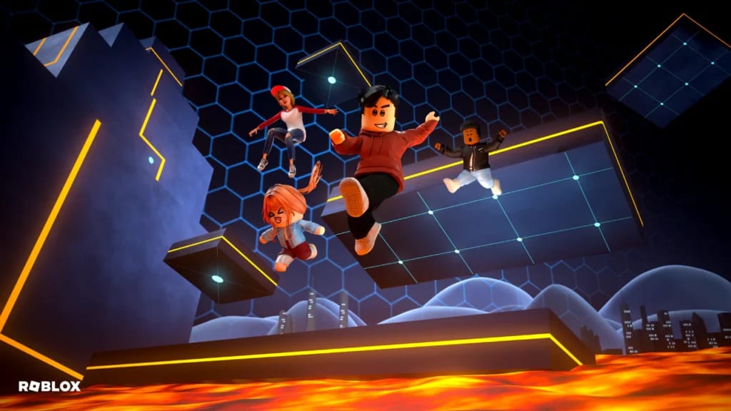 Roblox avatars jumping over lava platforms in a high-refresh-rate Obby game environment with favoriting UI.