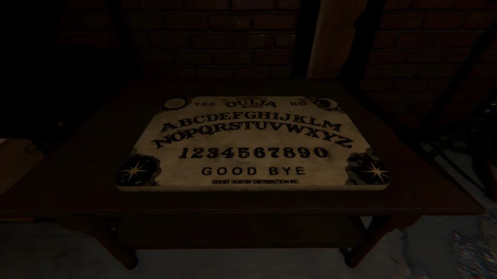 Phasmophobia gameplay screenshot featuring a Ouija board cursed possession on a table with low-light dynamic shadows.
