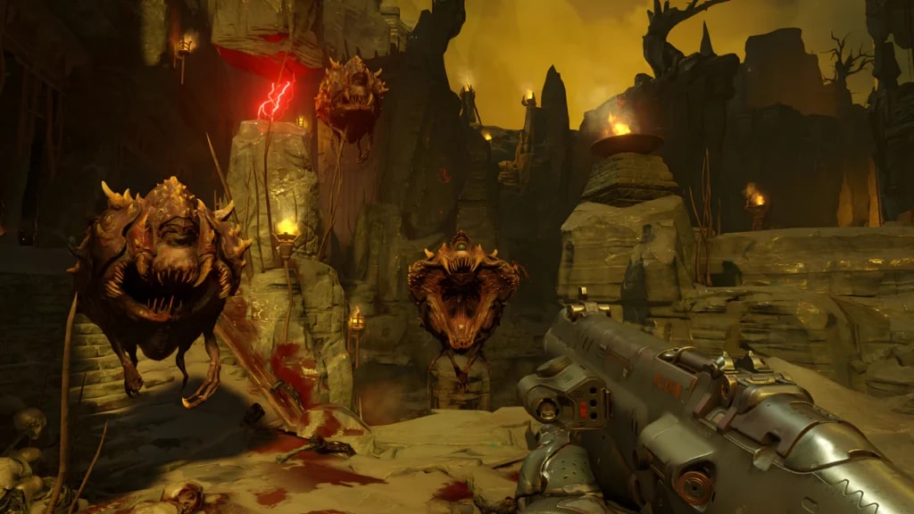 DOOM 2016 gameplay featuring Cacodemon enemies rendered in id Tech 6 engine with high-fidelity texture mapping.