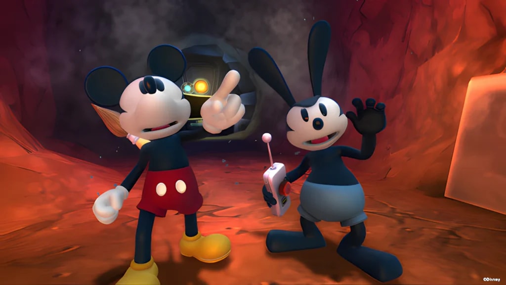 Mickey Mouse and Oswald the Lucky Rabbit in Epic Mickey 2: The Power of Two official artwork for Games Catalogue.