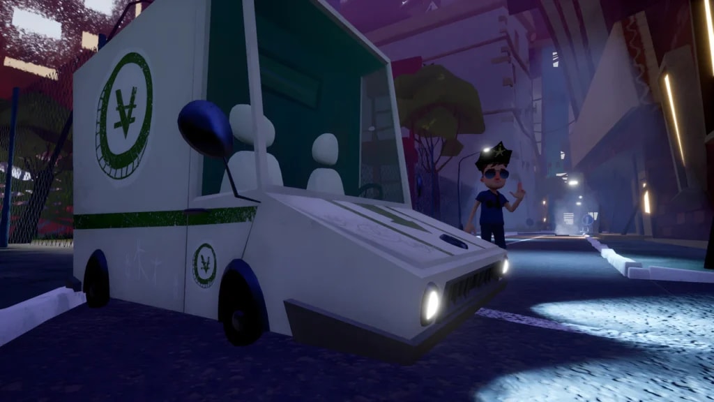 Hello Neighbor Hide and Seek gameplay featuring a police car with flashing lights in a nighttime suburban setting.