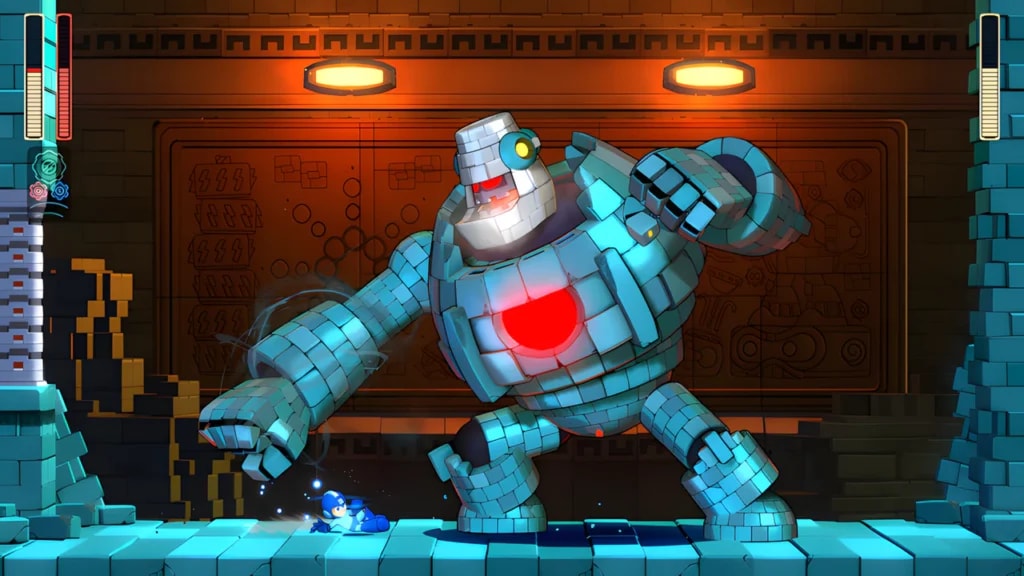 Mega Man 11 Block Man boss fight gameplay showcasing Power Gear transformation in high-definition 2.5D graphics.
