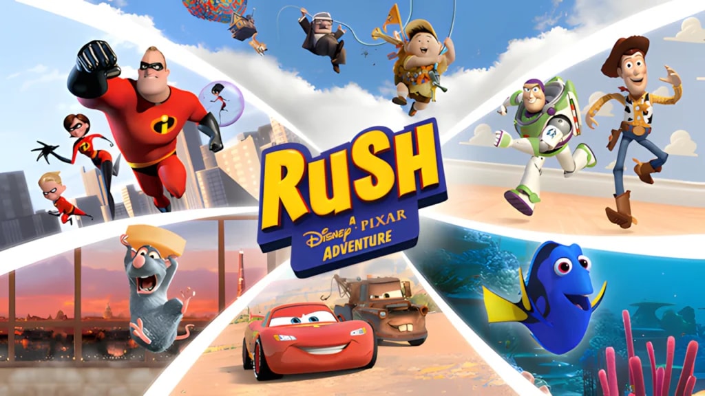 Rush: A Disney-Pixar Adventure collage with 4K HDR rendered characters like Woody, Mr. Incredible, and Lightning McQueen.
