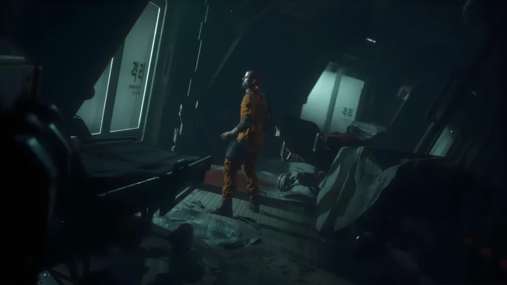 Jacob Lee in The Callisto Protocol featuring Unreal Engine high-fidelity rendering and volumetric lighting effects.