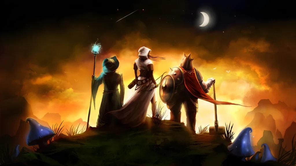 Trine fantasy adventure characters in a high-performance 4K night sky environment with dynamic lighting.