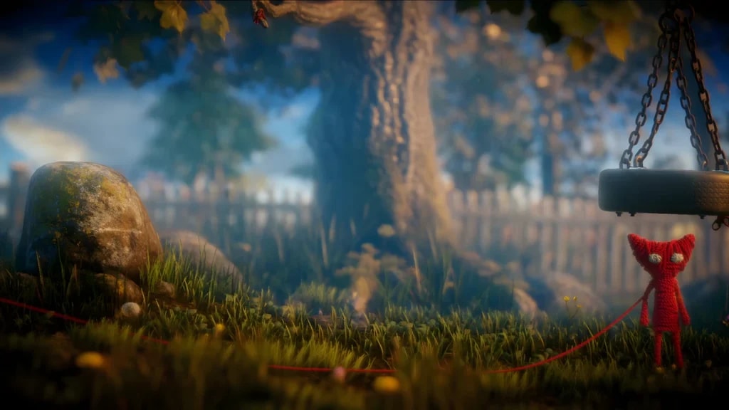 Yarny from Unravel on a tire swing in a photorealistic forest environment, showing high-fidelity game textures.