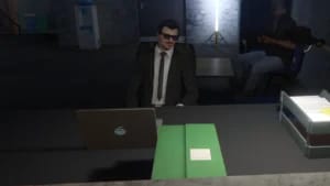 Gaming setup with curved monitor showing GTA 5 Online Bunker Business menu, RGB keyboard, and custom PC build.